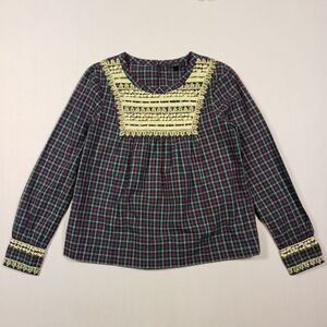 J Crew Top Women XXS Blue Red Tartan Plaid Gold Trim Stretch Long Sleeve Blouse